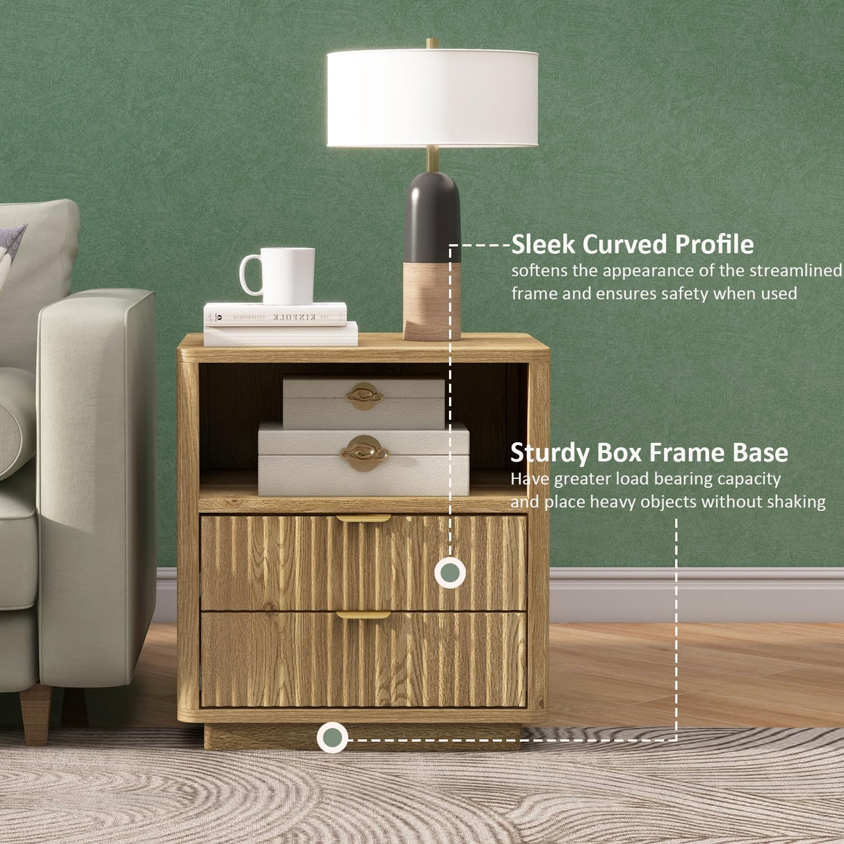 Fluted Nightstands Set of 2, Brown Night Stands with 2 Drawers and Open Shelves, Wooden Bedside Table Modern Design End Table for Bedroom Sofa Office (2, Natural Oak) ROCSUMOO