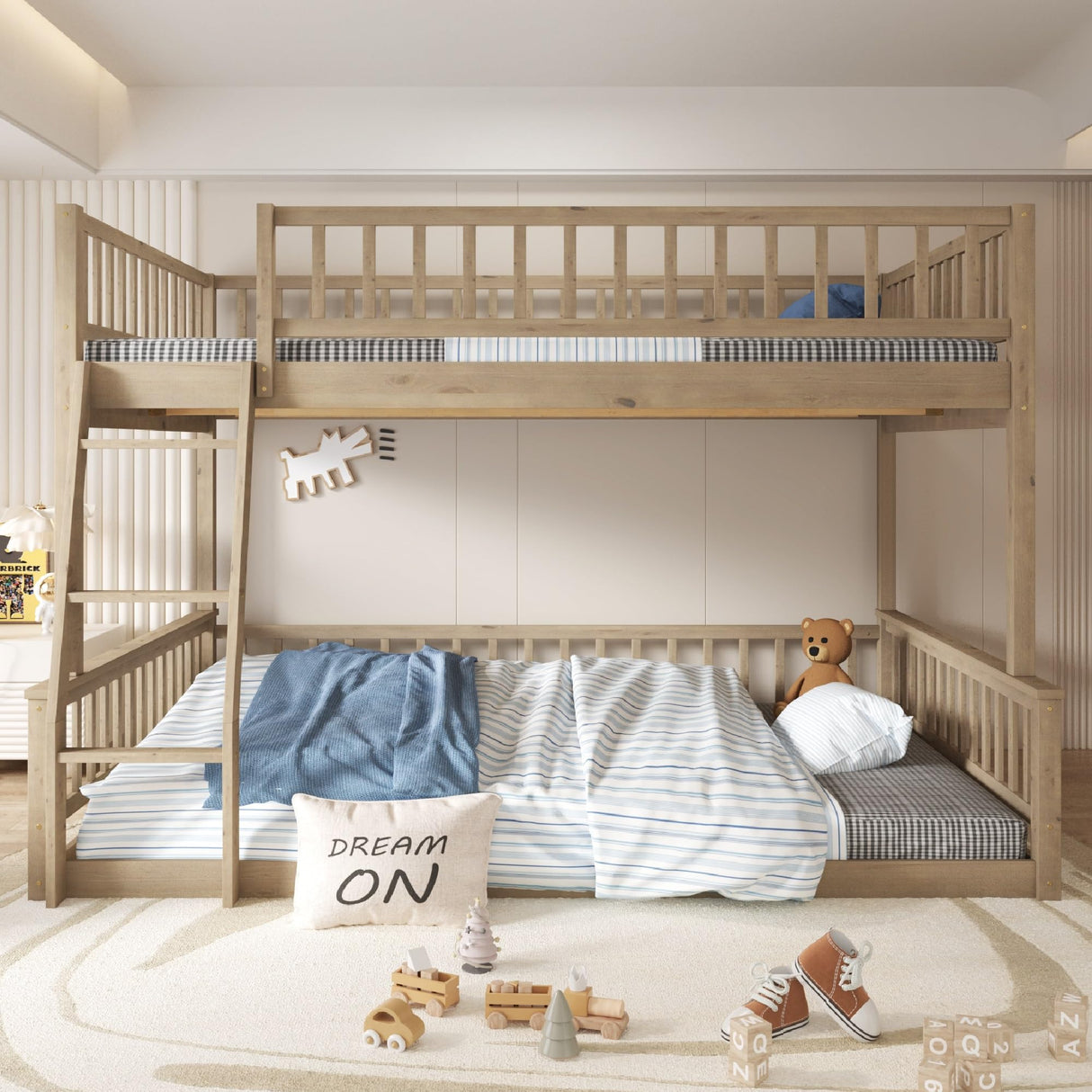 Merax Full XL Over Queen Floor Bunk Bed, Kids Bedroom Brown Wooden Bunk Bed Frame, Convertible to 2 Separated Beds with Trundle, Ladder & Guardrail for Teens, Wood Slat Support, Easy Assembly, Brown Merax