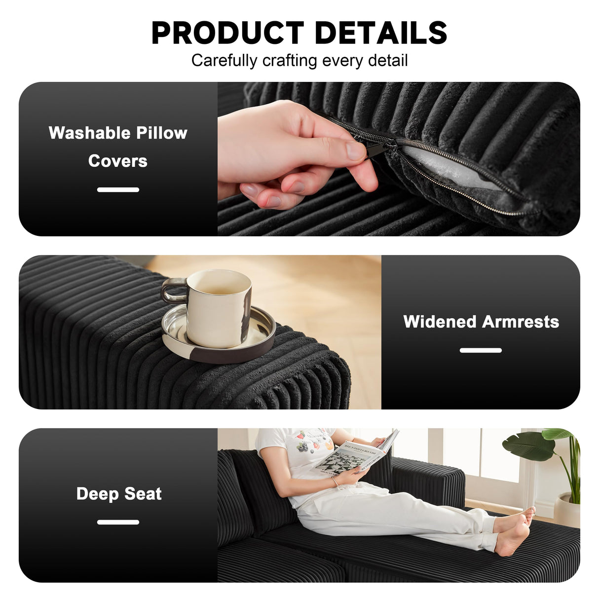 97" Boneless Couches for Living Room, Cloud Couch Sectional with Deep Seat, Comfy Couch with L-Shaped Chaise, Minimalist Upholstered Modular Sectional Sofa, No Assembly Required (Corduroy,Black) Huatean Home