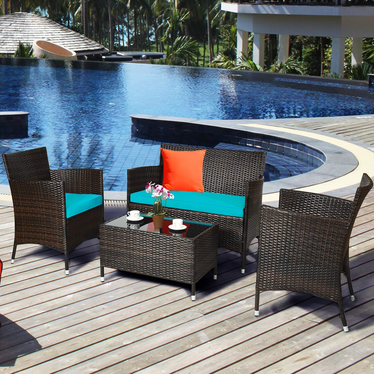 Goplus 4-Piece Rattan Patio Set, Outdoor/Indoor Wicker Conversation Set for Pool, Backyard, Lawn, Wicker Chairs and Sofa with Soft Cushion, Rattan Furniture with Tempered Glass Coffee Table Goplus