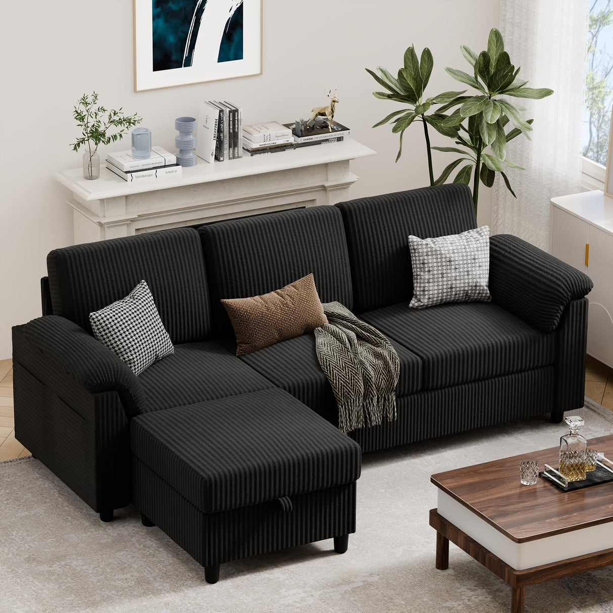 Vongrasig 79" Convertible Sectional Couch Sofa with Storage Ottoman, 3 Seat L Shaped Couch with Side Storage Pockage, Linen Fabric Small Couches for Living Room, Apartment and Small Space, Black Vongrasig