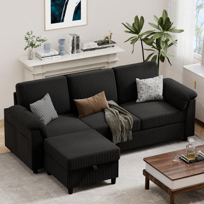 Vongrasig 79" Convertible Sectional Couch Sofa with Storage Ottoman, 3 Seat L Shaped Couch with Side Storage Pockage, Linen Fabric Small Couches for Living Room, Apartment and Small Space, Black