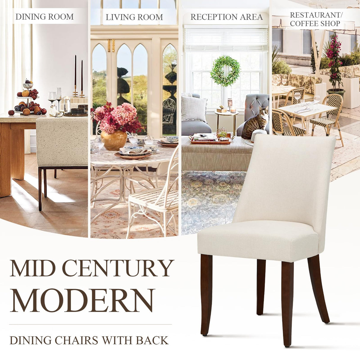 COLAMY Upholstered Dining Chairs Set of 2, Mid Century Modern Kitchen Chairs with Back, Farmhouse Fabric Side Dining Room Chairs with Wood Legs for Dining Room Restaurant, Beige COLAMY