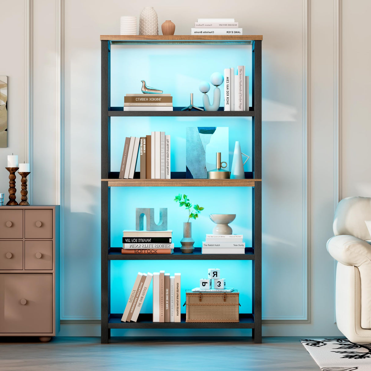 Vlsrka Wooden Bookshelf with Lights, 5 Tier Bookshelf with Storage, Tall Bookcase with Open Shelves, Standing Bookshelves Display Rack for Living Room, Home Office, Black Vlsrka