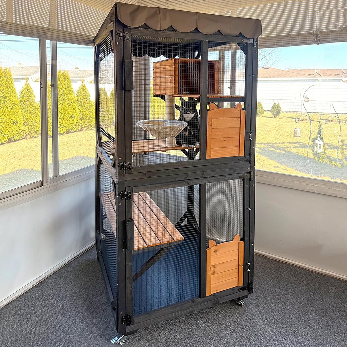 Aivituvin Outdoor Catio Cat Enclosures on Wheels Cat House 70.9" Large Kitty House with Upgraded Resting Box,Waterproof Roof Cover,Brown Aivituvin