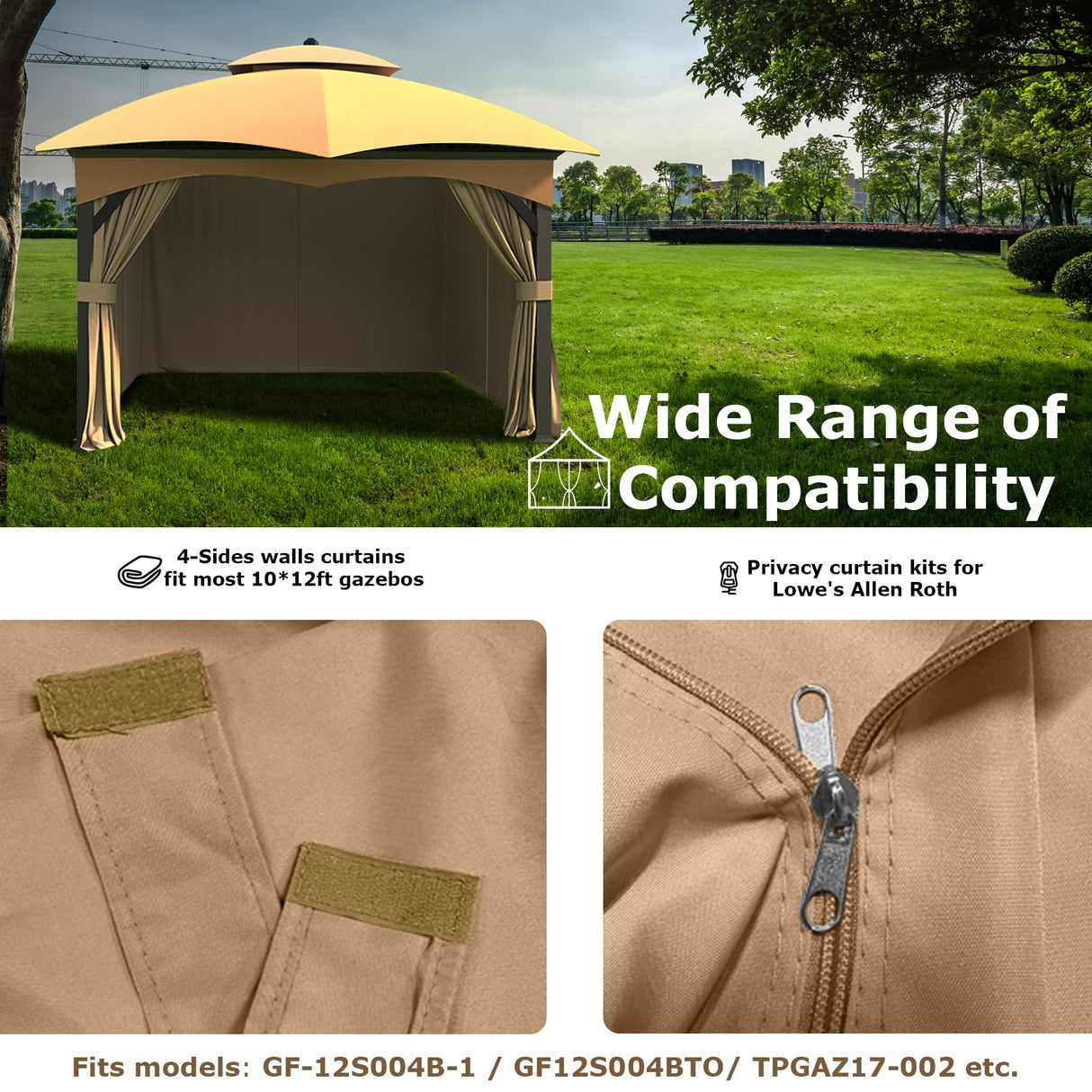 10’x12’ 4-Side Wall Gazebo Privacy Curtains with Zipper for Lowe's Allen Roth #GF-12S004B-1 / GF-12S004BTO / TPGAZ17-002, 4-Panels Sidewall Curtains Replacement for 10-ft x 12-ft Gazebo (Khaki) Fengind