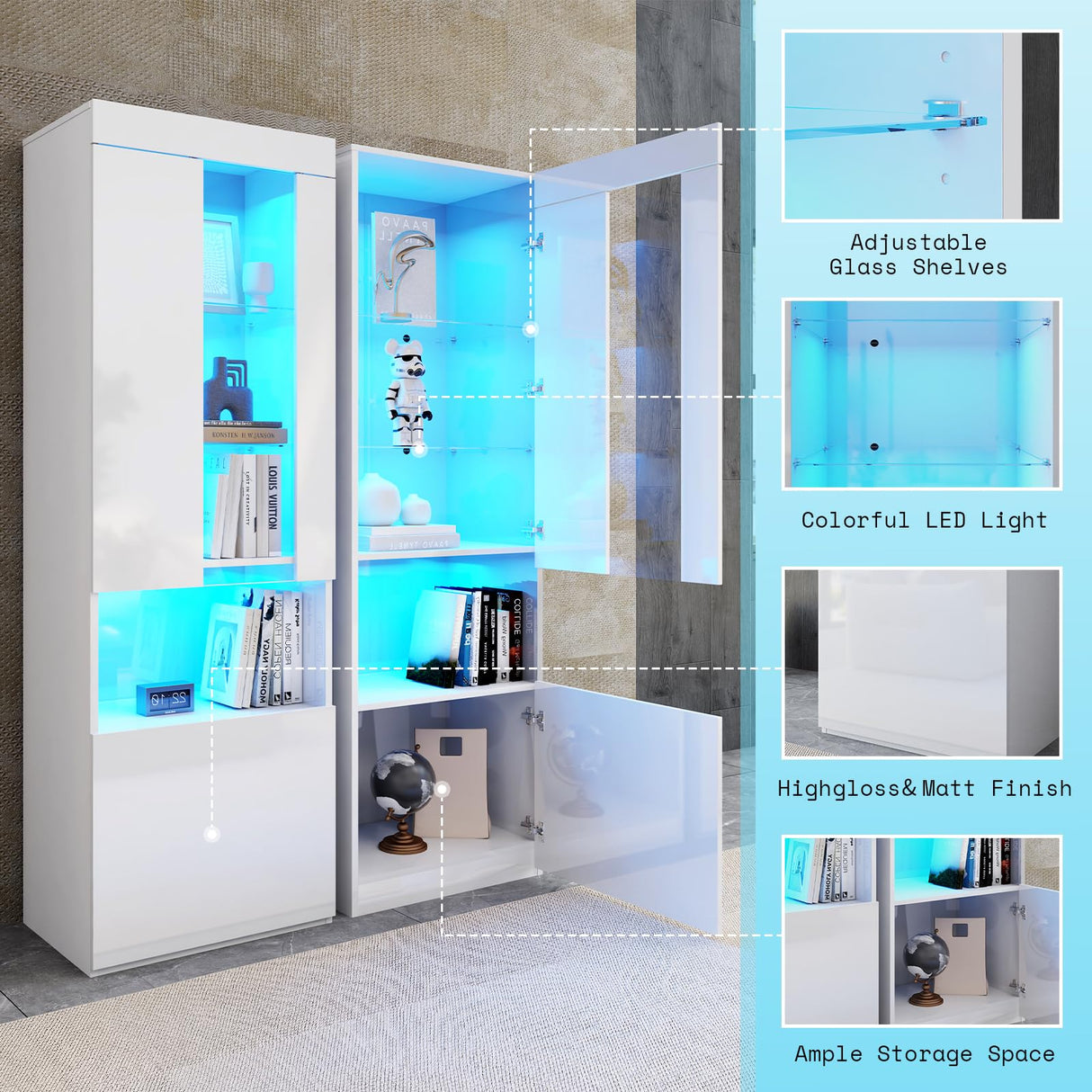 AMERLIFE Modern Highgloss Fireplace Entertainment Center Set, Includes 80" Fireplace TV Stand & 2 LED Highlight Bookcases, Fireplace Storage Cabinets for TVs up to 90", White AMERLIFE