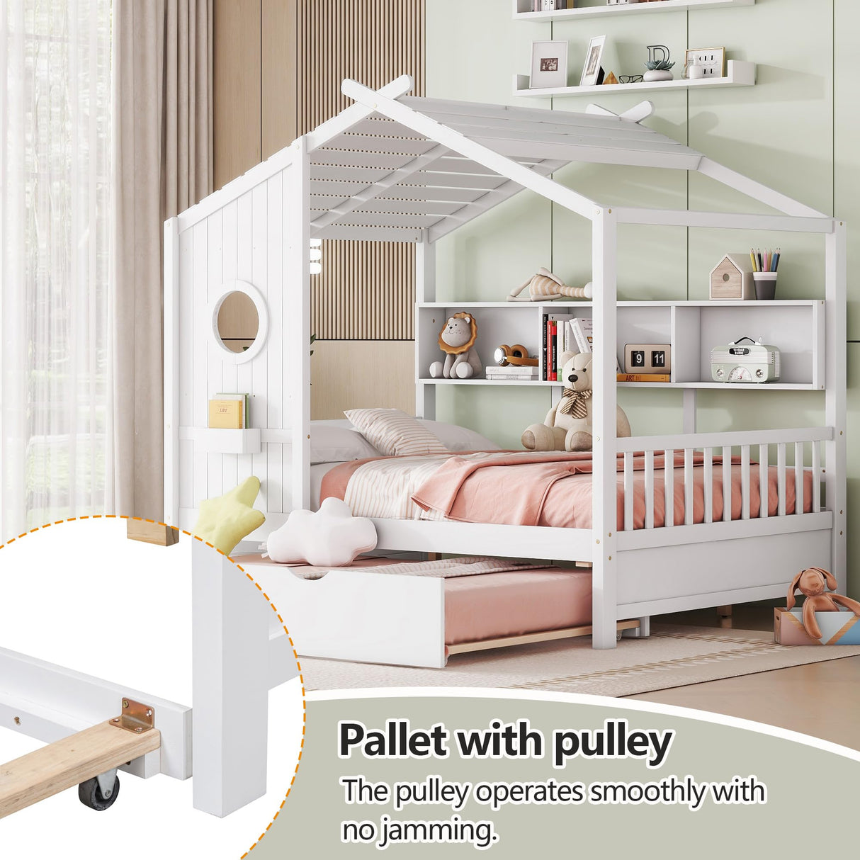 Harper & Bright Designs Kids Full Size House Bed with Trundle & Storage Shelf, Wood Full Size Platform Bed Frame with Roof, House Bed for Boys, Girls, White Harper & Bright Designs