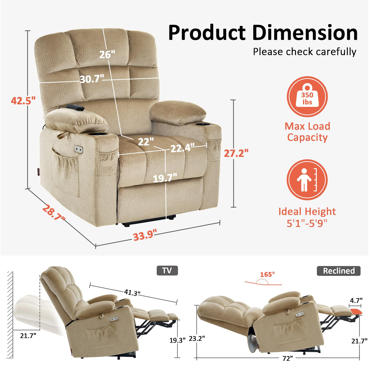 MCombo Dual Motor Power Lift Recliner Chair with Massage and Heat for Elderly People, Infinite Position, USB Ports, Cup Holders, Fabric 7679 (Medium, Beige) MCombo