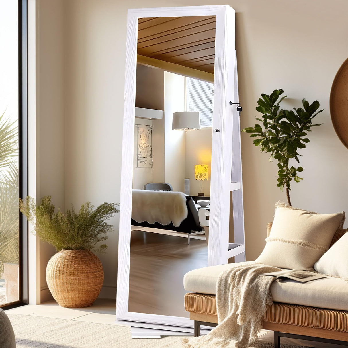 sogesfurniture Lockable Floor Standing Wooden Jewelry Armoire with Full Length Mirror 360°Rotatable Jewelry Organizer Cabinet Lockable with Storage sogesfurniture