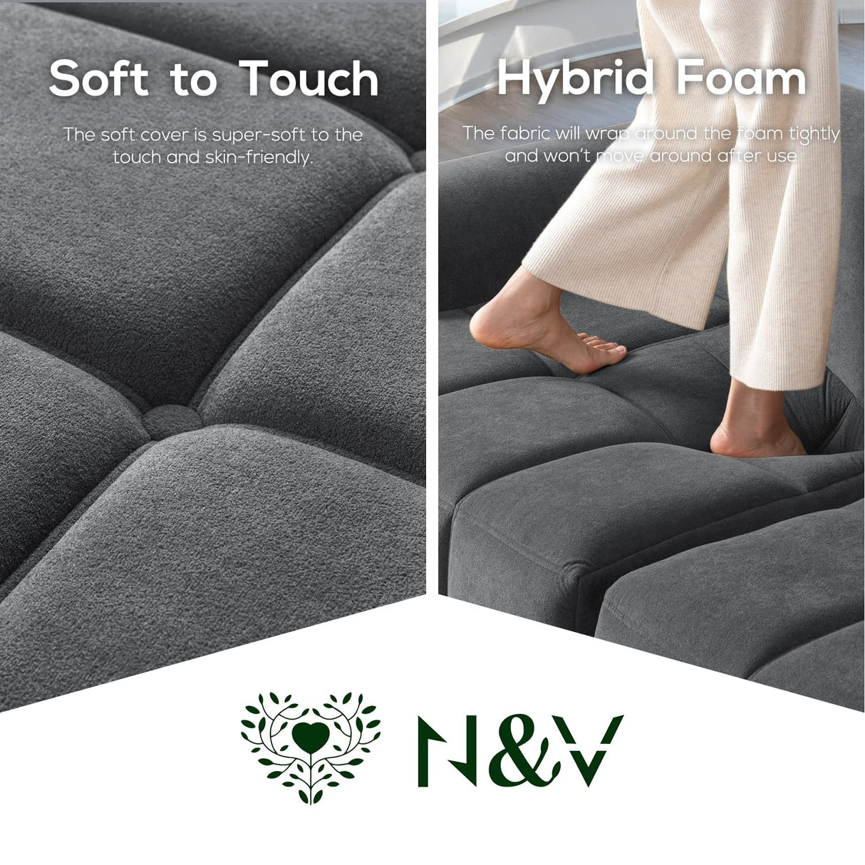 N&V Foam Sofa, Made with All Foam, Great for Livingroon and Bedroom (Black) N&V