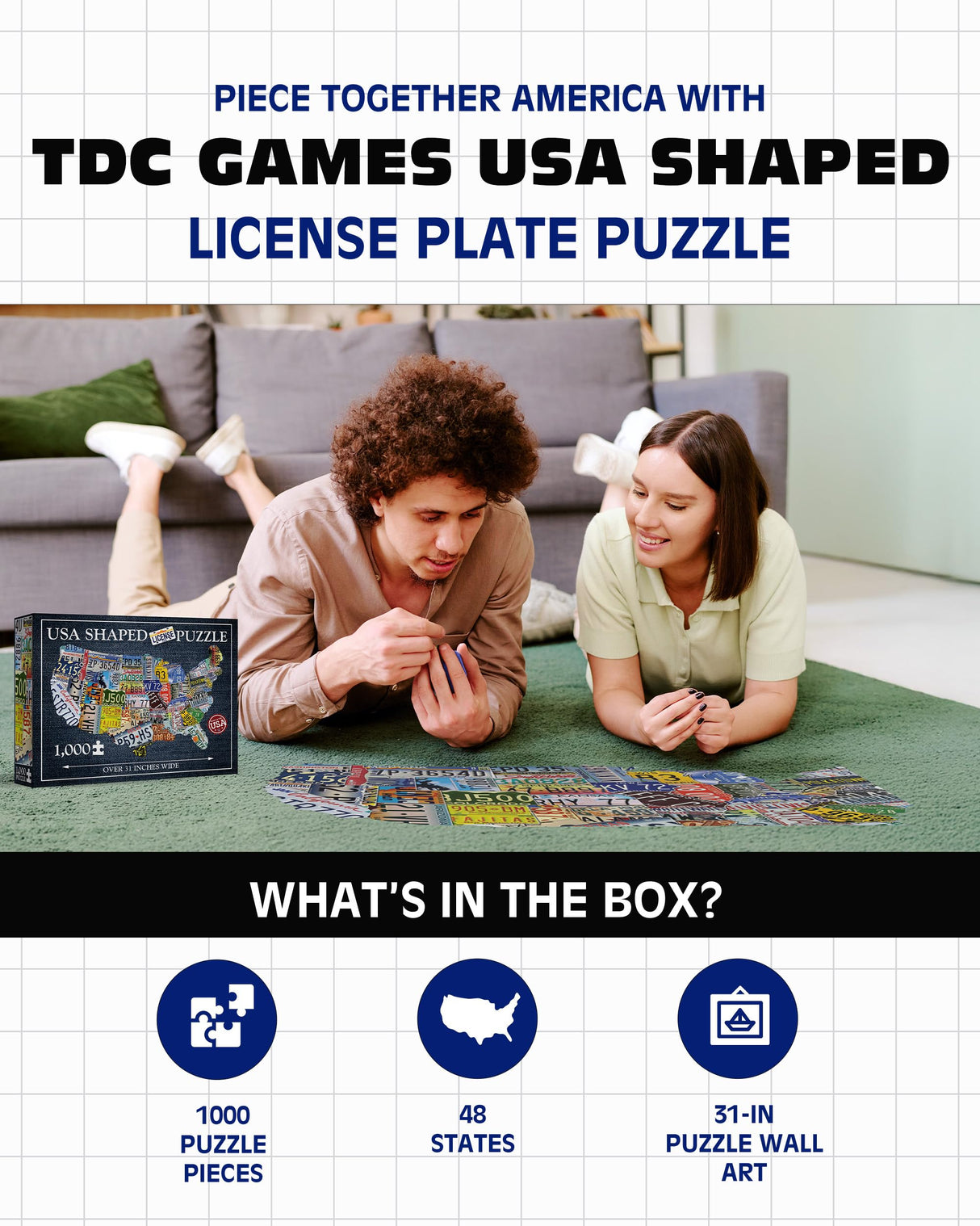 USA License Plate Map 1000 Piece Jigsaw Puzzle in the Shape of the US - 31 inches long - Cool Wall Art TDC Games