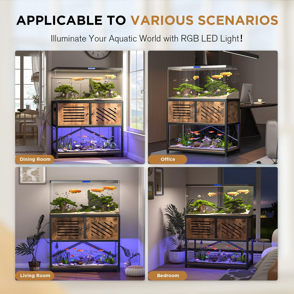MELLCOM 40-50 Gallon Fish Tank Stand with Power Outlets and LED Light, Metal Aquarium Stand with Cabinet for Fish Tank Accessories Storage, Turtle Reptile Terrariums Stand Rack, Tank not Included MELLCOM