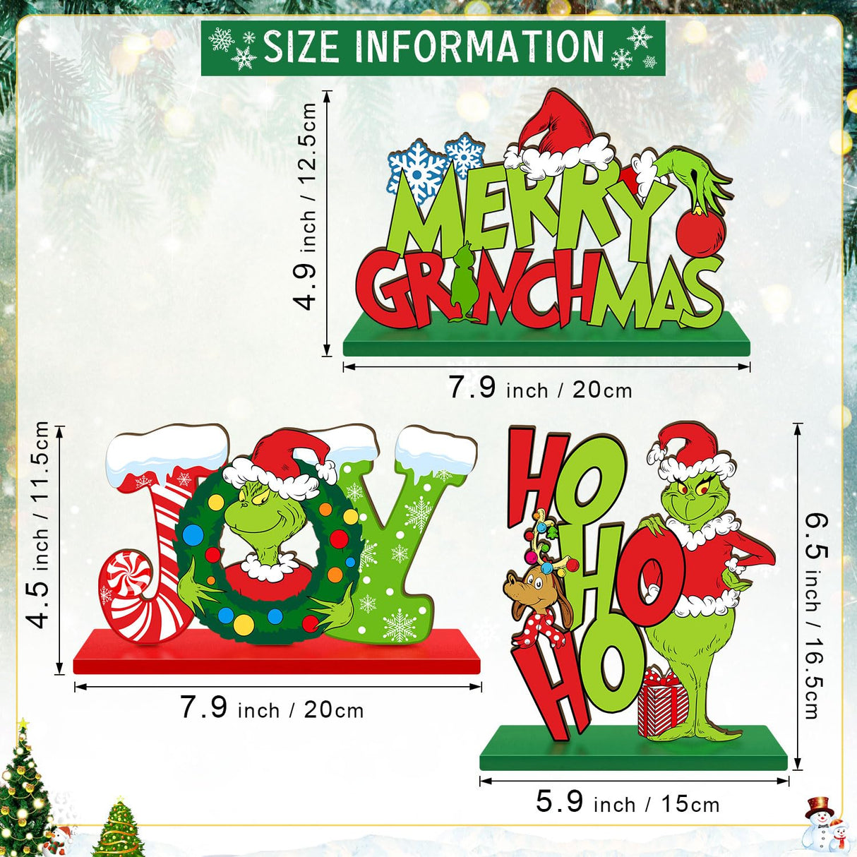 3 Pieces Christmas Table Signs Decorations, Merry Christmas Wooden Centerpiece Ornaments, Joy Wood Desktop Signs Decor for Kitchen Home Winter Whoville Xmas Holidays Theme Party Supplies CIOEY