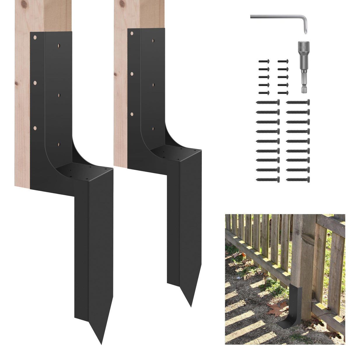 Codesteel Thickened Fence Post Repair Kit, 3.6"x3.6" Ground Spike Anchor, 2 Pack Heavy Duty Steel Repair Stakes for Wooden Posts Codesteel