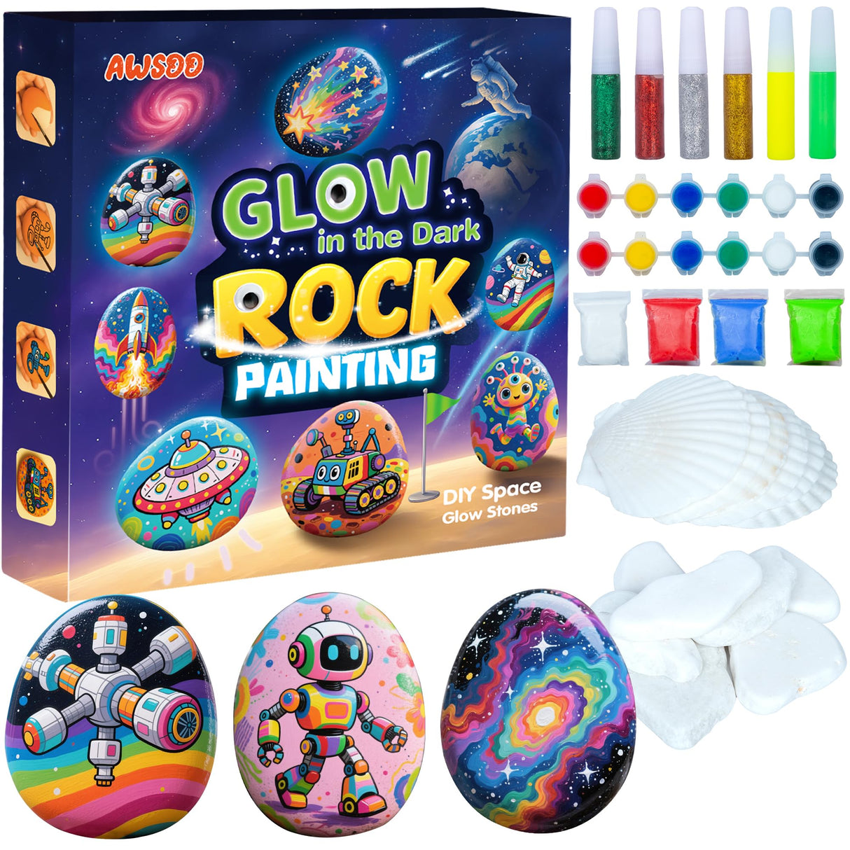Awsoo Shell & Rock Painting Kit- Glow in The Dark Shell & Rock Kit, Arts and Crafts for Kids Ages8 9 10 11 12, Art Supplies Toy, Kids Craft Paint Kits, Birthday Party Gift Toy Awsoo