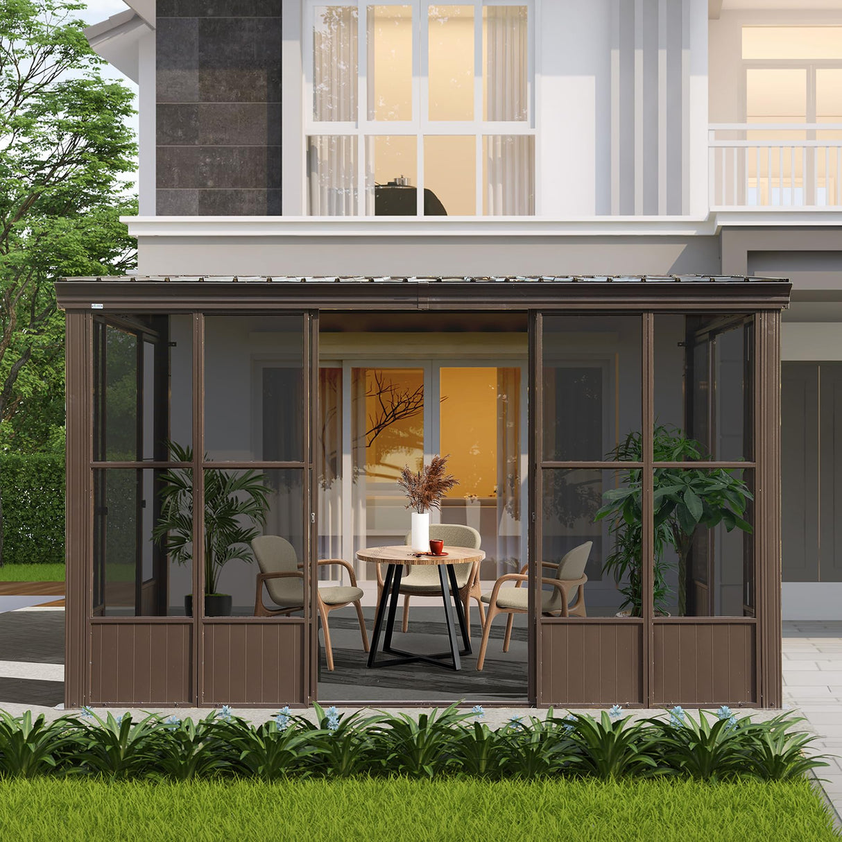 Domi 8x12FT Sun Room, Wall Mounted Gazebo Solarium with Galvanized Steel Sloping Roof, Moveable PC Screen, Front Door & 2 Side Entrance, Outdoor Aluminum Lean-to Sunroom for Patio Deck domi outdoor living
