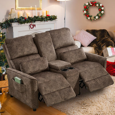 Loveseat Recliner Sofa, Push Back Double Wall Hugger Reclining Sofa Chair with Console, 2 Seat Velvet Home Theater Seating with Cup Holder, Manual Comfy RV Furniture Sofa for Living Room, Brown