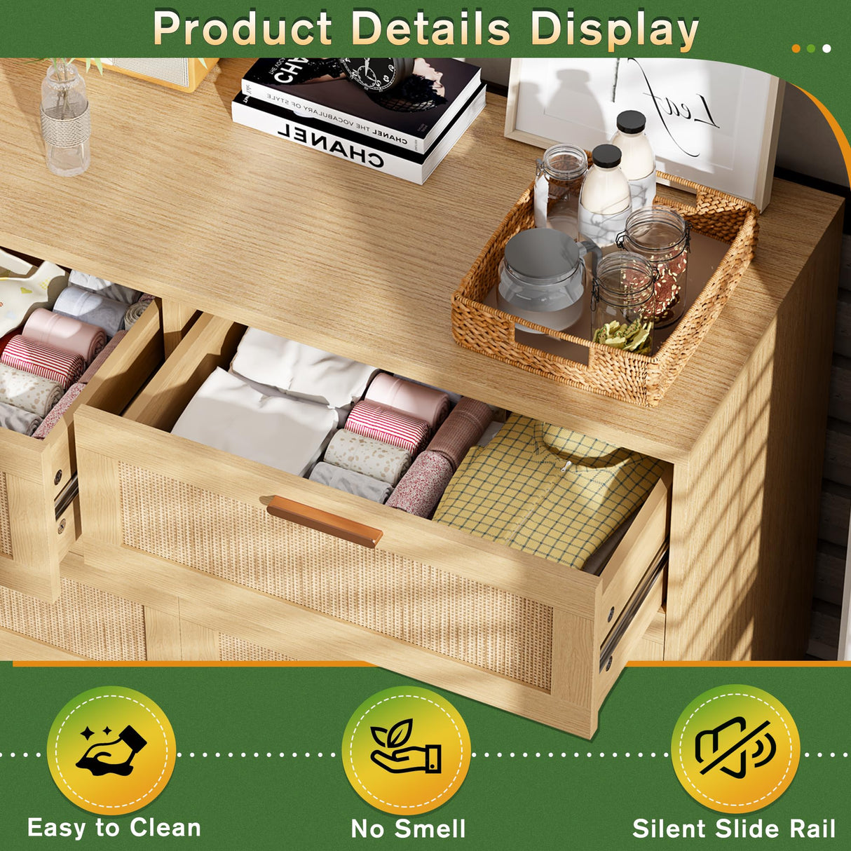 Greenvelly 6 Drawer Double Dresser for Bedroom, Modern Rattan 6 Drawer Dresser with Golden Handles, Wooden Storage Chest of Drawers for Bedroom, Living Room, Hallway Greenvelly