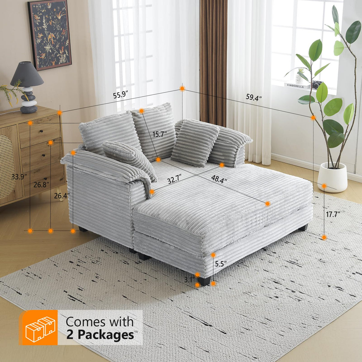 VINGLI 56" Oversized Chaise Lounge Chair, Light Grey Comfy Corduroy Chaise Sofa Recliner Bed Upholstered Sleeper Couch Bed with Throw Pillows and Armrests for Living Room, Movie Room, Bedroom VINGLI