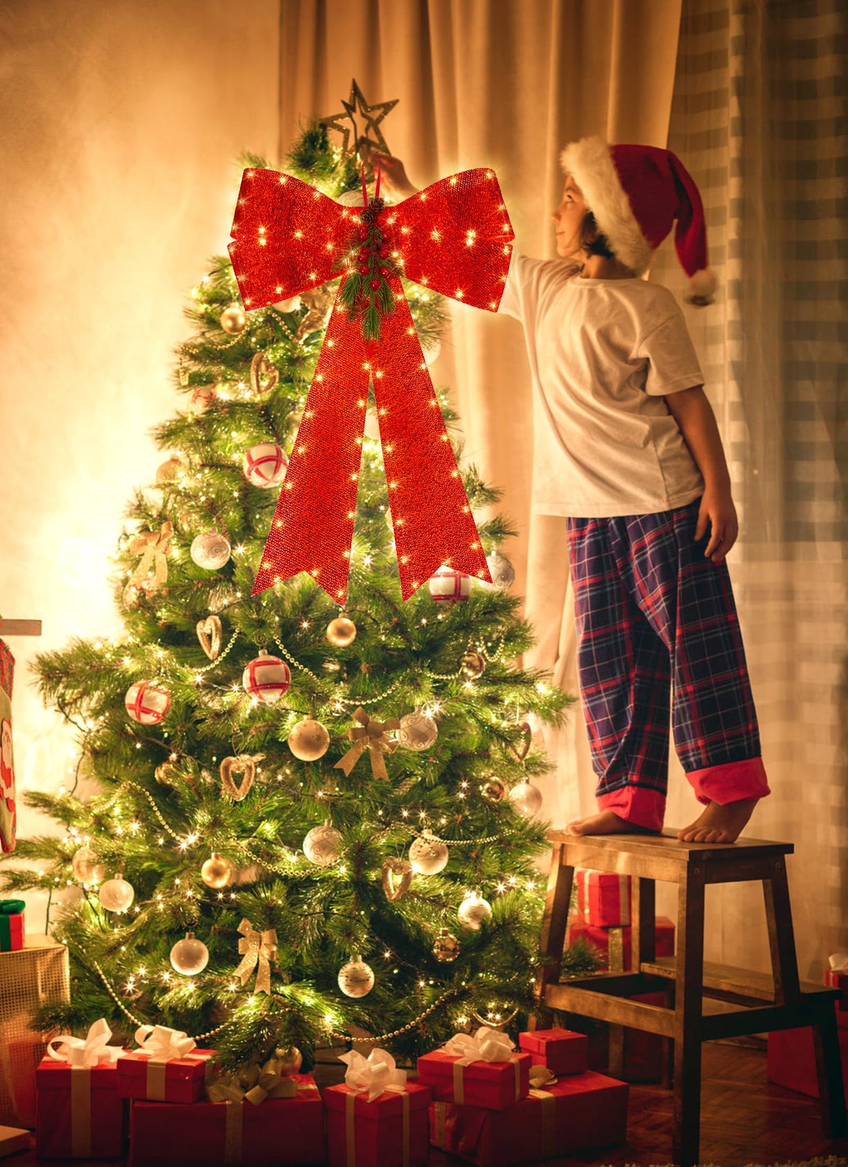 LED Red Bows Christmas Decorations, 16'' x 24'' Christmas Bows for Wreaths with Timer, Tree Topper Bow with Realistic Red Berries Pine Cone Needles for Christmas, Party, Home Decoration Brightown