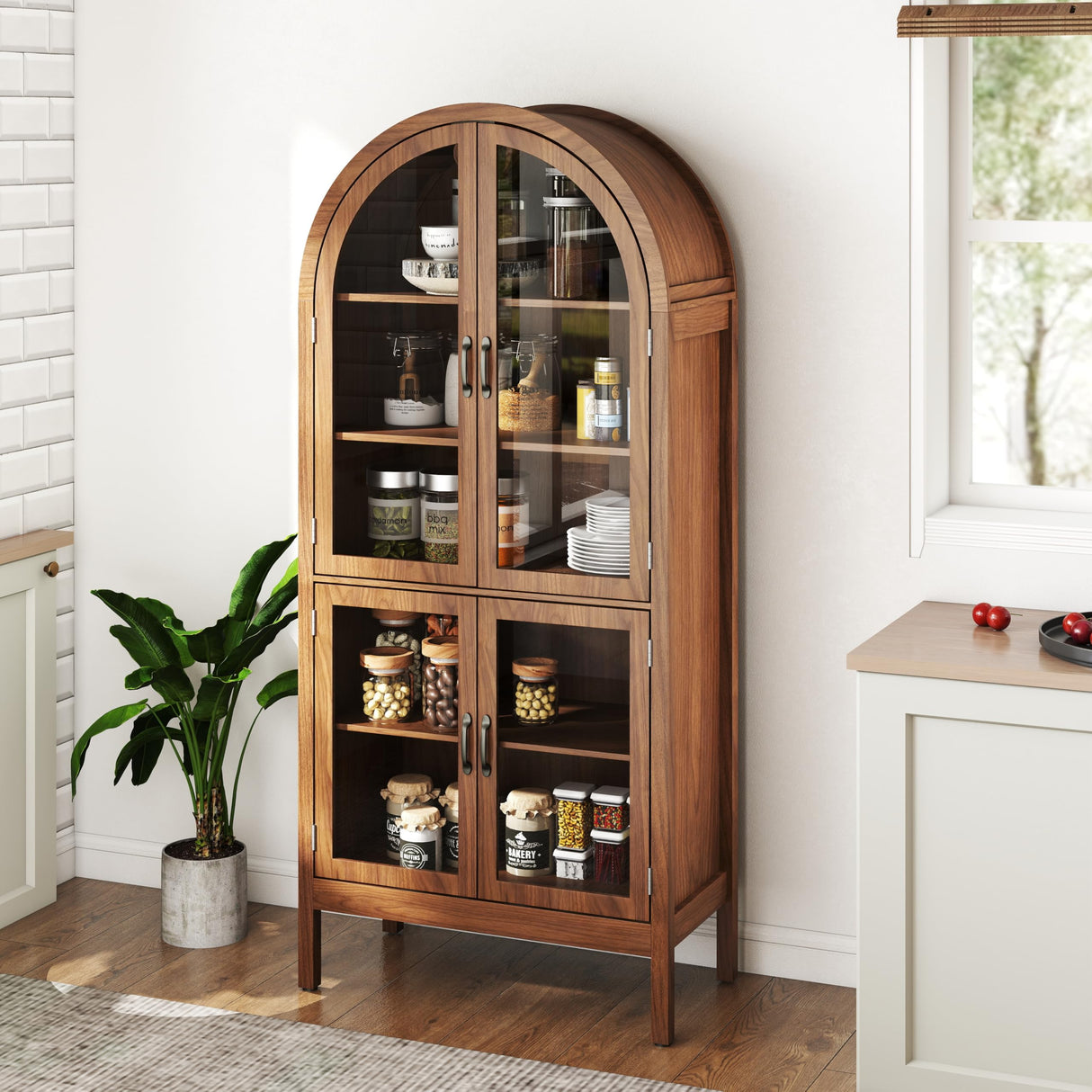 70.9'' Tall Arched Kitchen Pantry, Modern Farmhouse Wood Kitchen Pantry Storage Cabinets with Acrylic Glass Doors and Shelves, Versatile Cupboard for Dining Room, Bathroom, Living Room (Walnut) Limaoaio