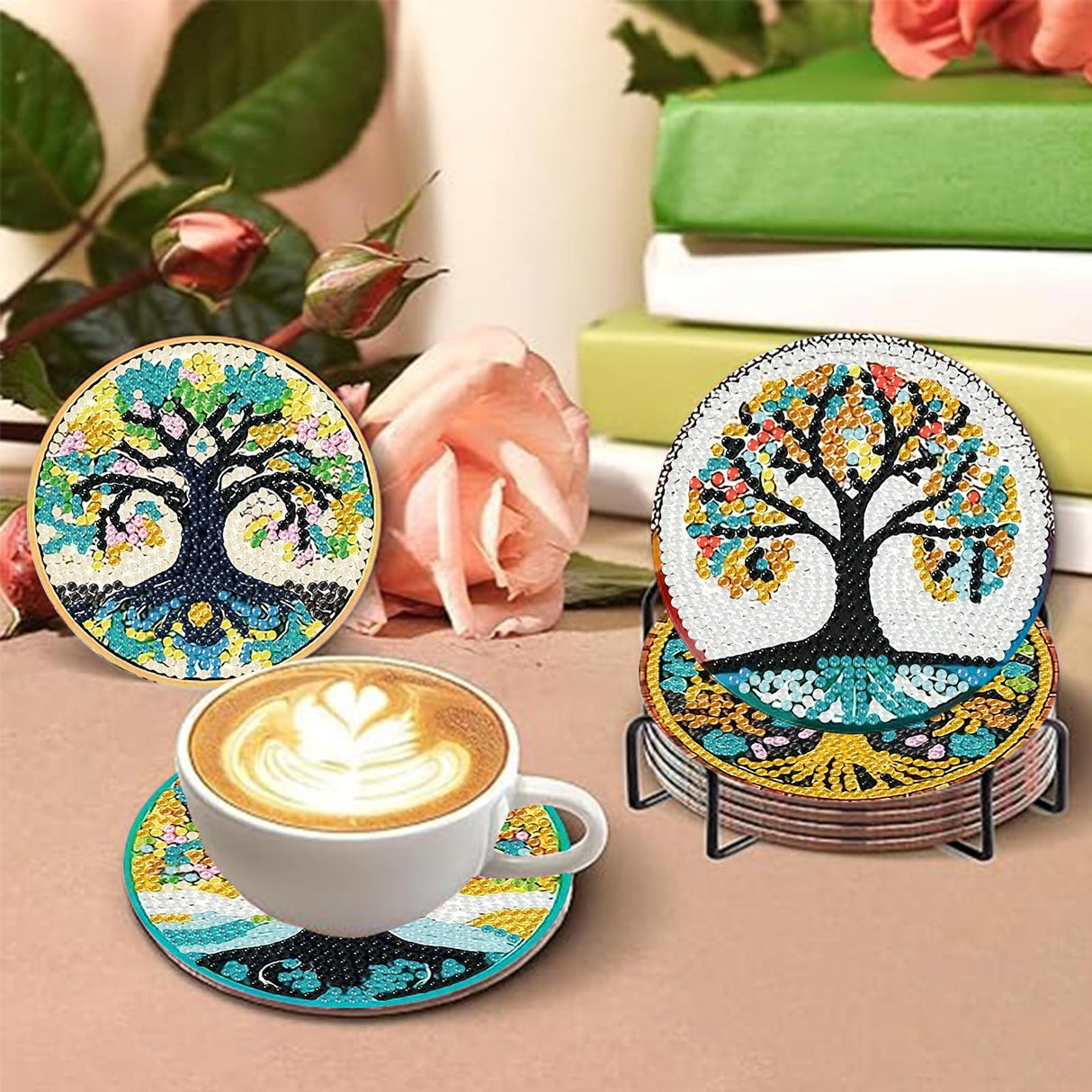 8 PCS Diamond Art Coasters Kits, Tree of Life Diamond Painting Coasters with Holder Set of 8, DIY Diamond Art Painting for Home Decor Birthday Housewarming Gifts 3.9inch Aestalrcus