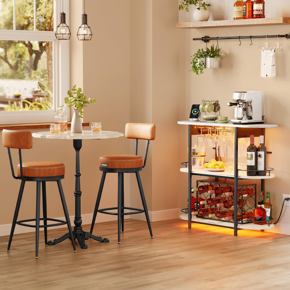 VASAGLE Bar Cabinets for Home, LED Coffee Bar with Power Outlets, Home Mini Bar for Liquor, Freestanding Wine Rack with Glass Holder, Kitchen, Dining Room, Rustic White ULWR007W01 VASAGLE