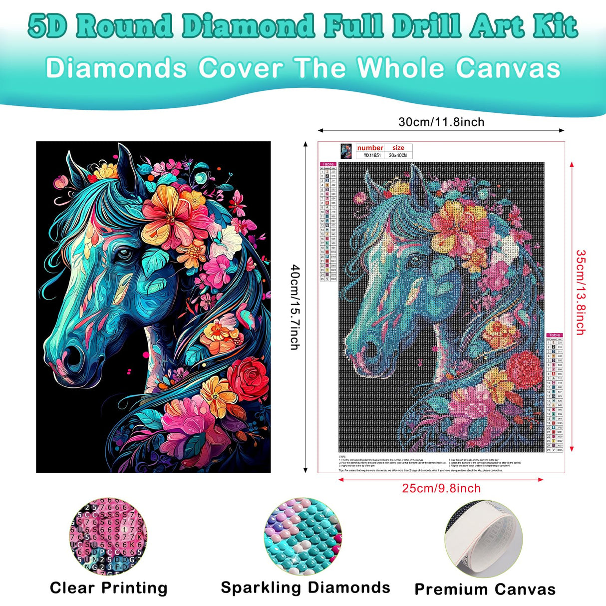 Genius maker Horse Diamond Painting Kits for Adults, 5D Animal Diamond Art Kits for Beginners DIY Full Drill Diamonds Painting Pictures, Diamond Gem Art Painting DIY Crafts Kit Decor, 12x16inch Genius maker