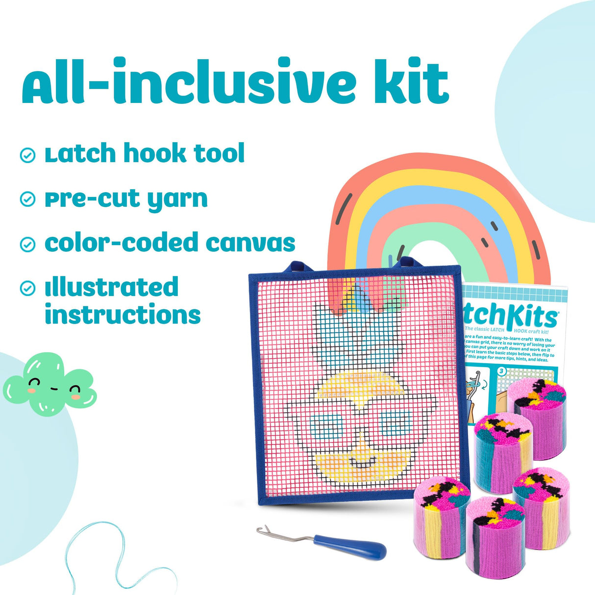 LatchKits PlayMonster for Wall Hangings & Mini-Rugs - Pineapple - Craft Kit with Easy, Color-Coded Canvas, Pre-Cut Yarn & Latch Hook Tool - Perfect DIY Craft for Kids - Ages 6 and Up, Small, Multi LatchKits