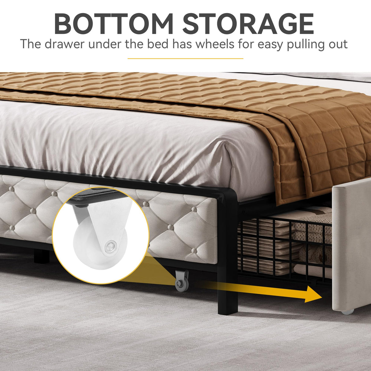 DWVO Queen Size Storage Bed Frame with 4-Drawer, Upholstered Platform Bed Frame with USB Charging Ports & Bookcase Headboard, Simple Setup, No Requirement for Box Spring (Beige) DWVO