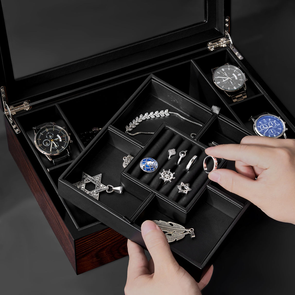 BEWISHOME Jewelry Box for Men, Mens Jewelry Box with Glass Top, Wooden Watch Box Organizer with Smooth Faux Leather Interior, Jewelry Display Case for Earrings Rings Bracelets Watches, Brown SSH07Y BEWISHOME