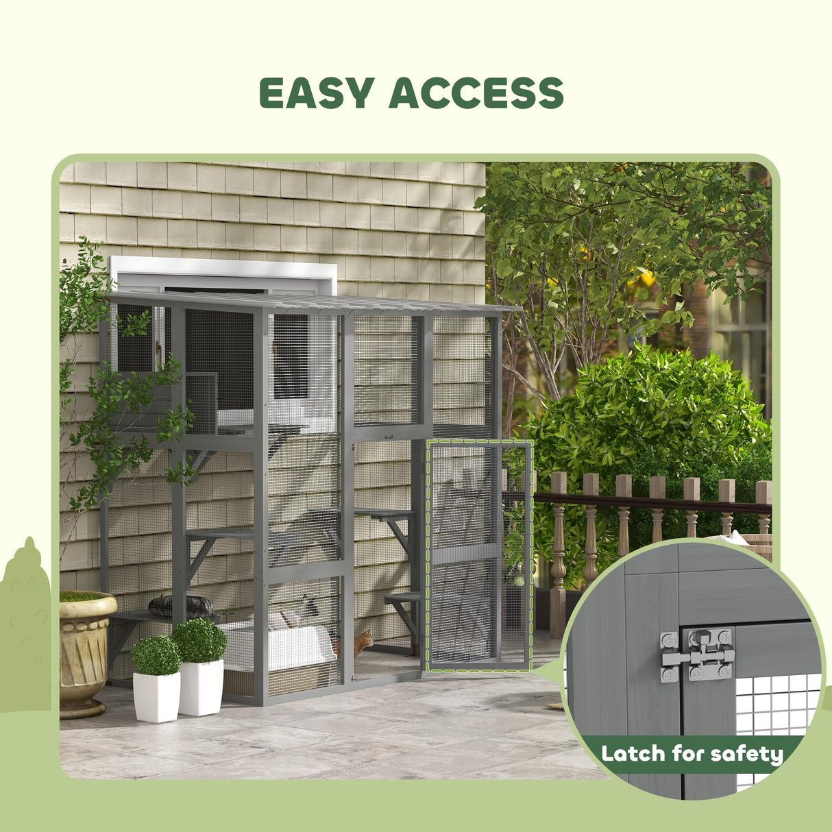 PawHut Catio Outdoor Cat Enclosure, Large Cat House, Wooden Cat Window Box with Scratching Posts, Weather Protection Roof for 1-2 Kitties, Resting Boxes, 68" x 35.5" x 70.5", Gray PawHut