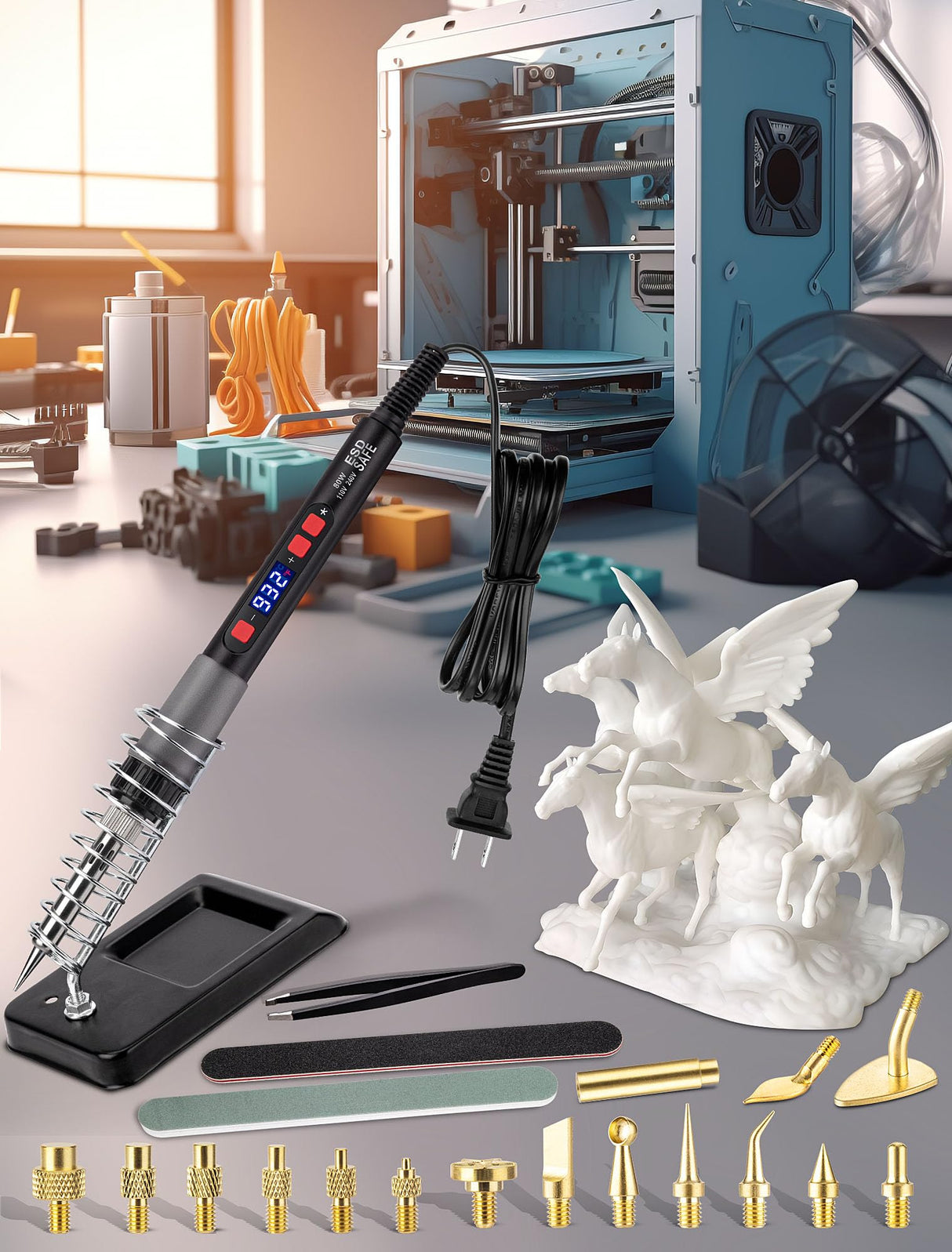 21-in-1 3D Printer Smoothing Tool Kit, 80W LCD Digital Adjustable Temperature Soldering Welding Iron Kit with Insert Brass Heatset Nuts & Soldering Tips, Fast Heating 3D Printing Modify Finishing Tool SARDVISA