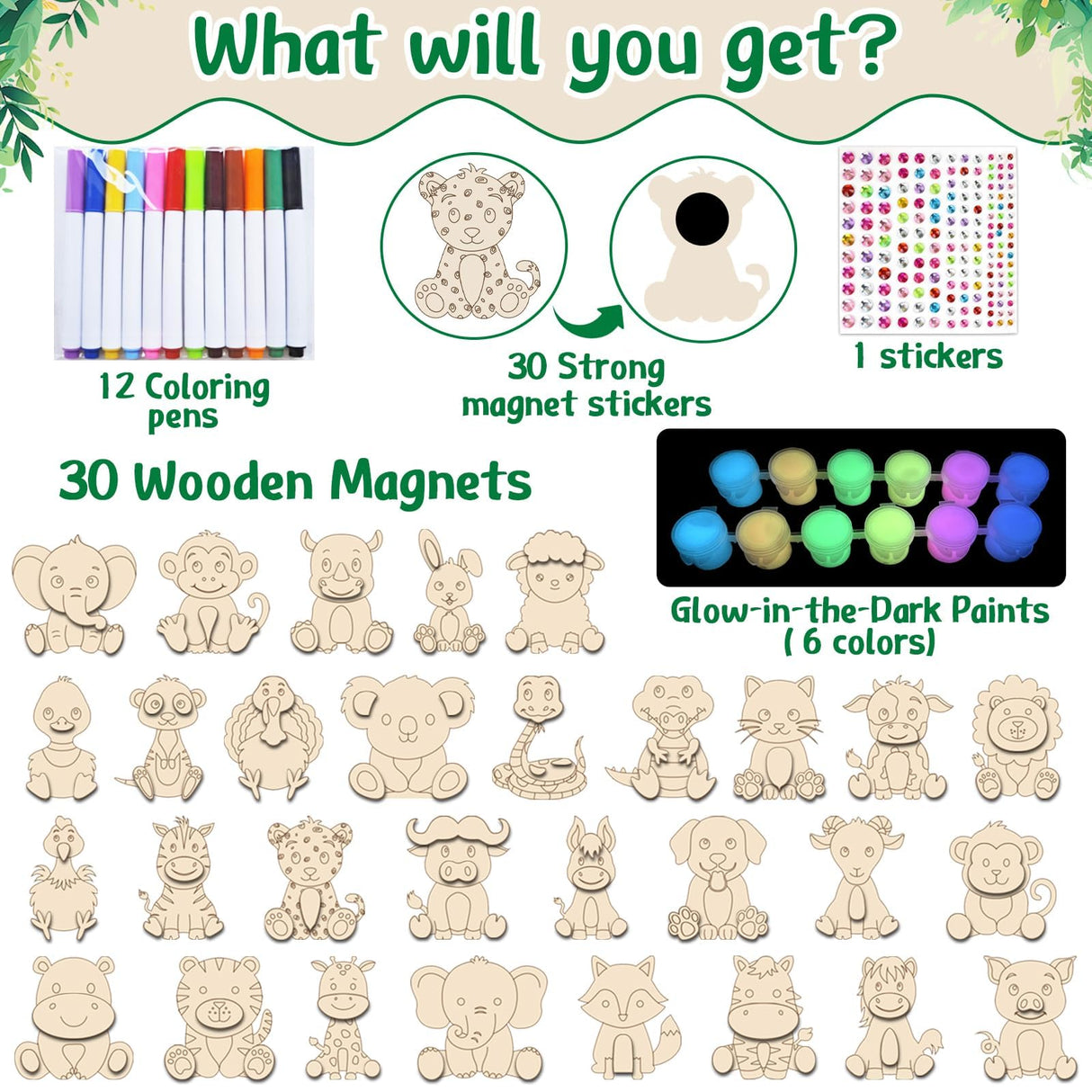 Yizeda 30 Pcs DIY Jungle Safari Wooden Magnets, Wooden Art Craft Supplies Painting Kit for Kids Ages Glow in The Dark Party Favors Goodie Bag Stuffers Birthday Gifts Toys for Boys Girls Yizeda