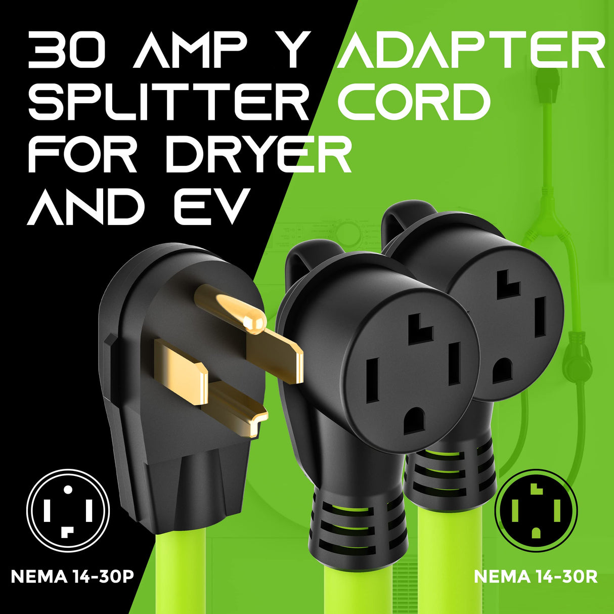 GearIT 4 Prong Dryer Y-Splitter 30 Amp NEMA 14-30P to (2) NEMA 14-30R Receptacle - STW 10AWG 4C Power Cord Adapter for Multiple Outlet Dryer Outlet and EV Charger - 2.2 Feet GearIT