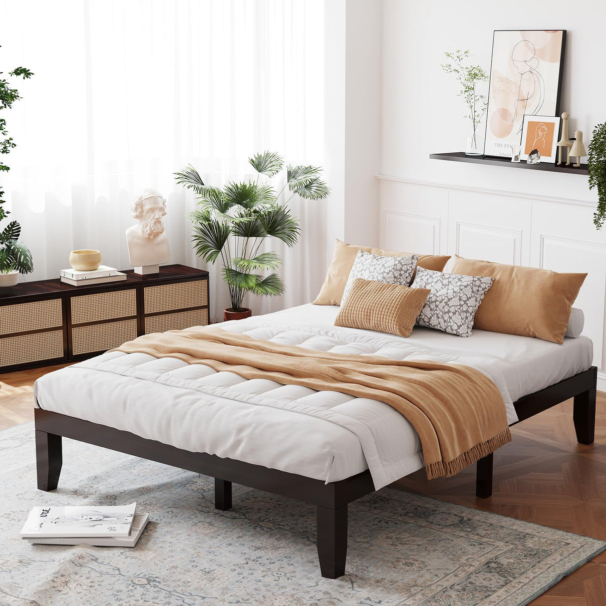 Giantex Queen Wood Platform Bed Frame, 14 Inch Solid Rubber Wood Mattress Foundation, Heavy Duty Wood Slats Support, No Box Spring Needed, Easy Assembly, Espresso Giantex