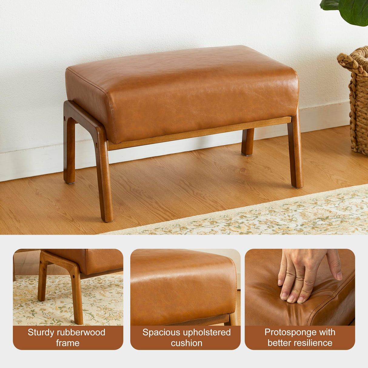 Glitzhome 15.5"(H) Footrest Stool, Leatherette Ottoman, Accent Padded Sofa Foot Stool for Accent Chair, Wood Frame Foot Rest Ottoman for Living Room, Bedroom, Yellowish-Brown Glitzhome