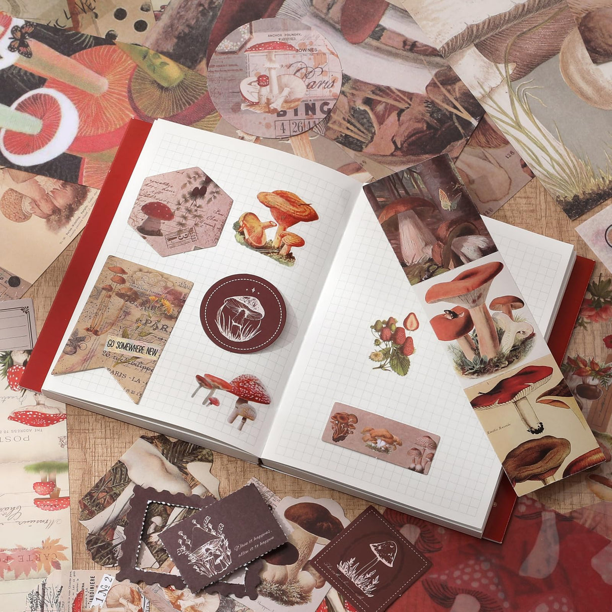 Scrapbook Photo Album Supplies Kit with Tweezers and Glue Tape – Vintage Aesthetic Junk Journaling Set, Scrapbooking Paper, Sticker Pack, Notebook, Stationery Kit, Gift for Adults Teens (Mushroom) imoon