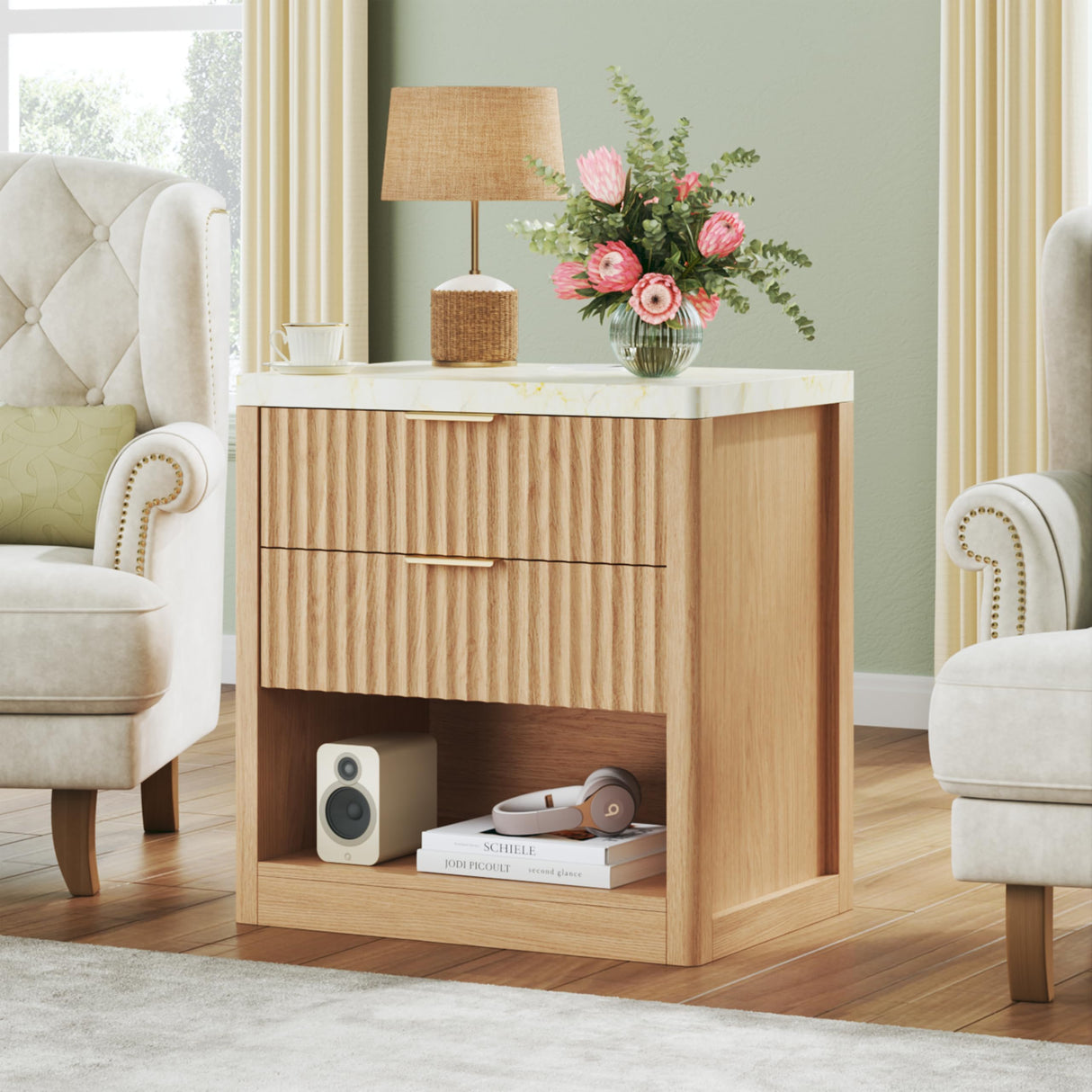 Fluted Nightstand with 2 Drawers, 24'' Night Stand with Wireless Charging Station, Mid Century Modern Side Table with Faux Marble Top, Large Wooden Bedside End Table for Bedroom, Oak HUAHUU