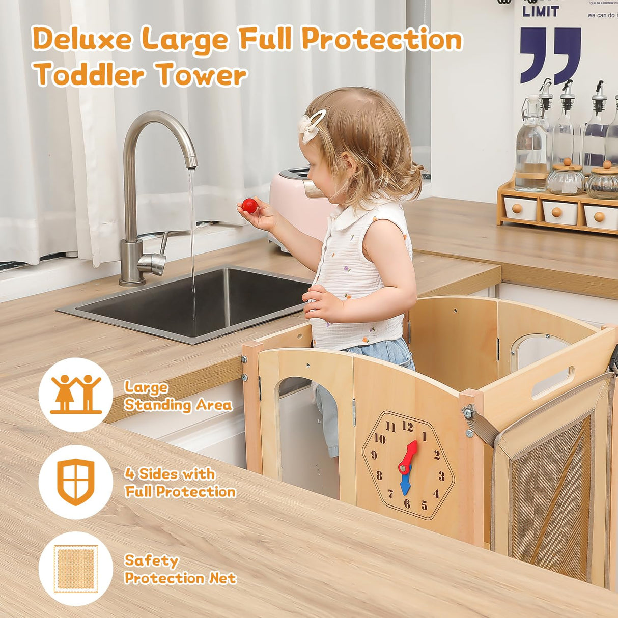 JUZBOT Toddler Tower, Foldable Toddler Kitchen Stool Helper with 2 Step Stool, Wooden Toddler Stool with Safety Net, Adjustable Height, Chalk-Whiteboard& Montessori Activity Games JUZBOT