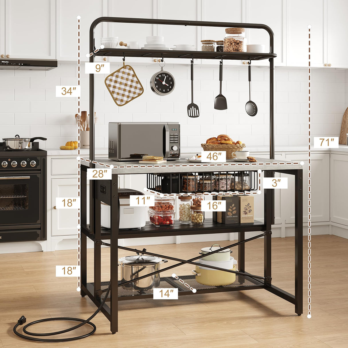 Jocoevol 46" Large Kitchen Island Table Baker Rack with Power Outlet and 3-Tier Storage-Microwave Stand Oven Shelf, Metal Coffee Bar Table,Kitchen Storage Shelf for Dining Living Room, 5 Hooks,Grey Jocoevol