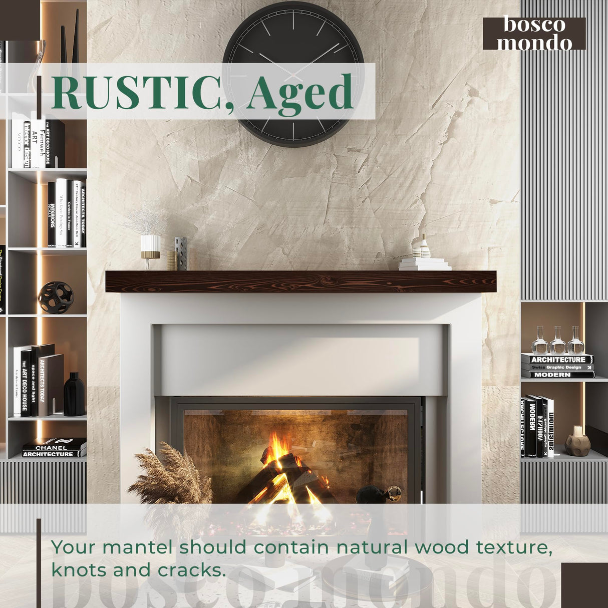 BoscoMondo 60 Inch Fireplace Mantel - Solid One Piece Rustic Wood - Wall Mounted Floating Farmhouse Shelf - with Invisible Heavy Duty Metal Bracket (60", Intense Brown) BoscoMondo