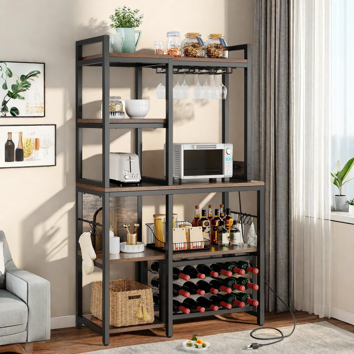 DWVO Large Bakers Rack with Power Outlets and Wine Rack, 35.5 inch 5-Tier Microwave Stand, Coffee Bar with Glasses Holder, Kitchen Storage Shelf with 6 Hooks, for Living Room, Office, Rustic Brown DWVO