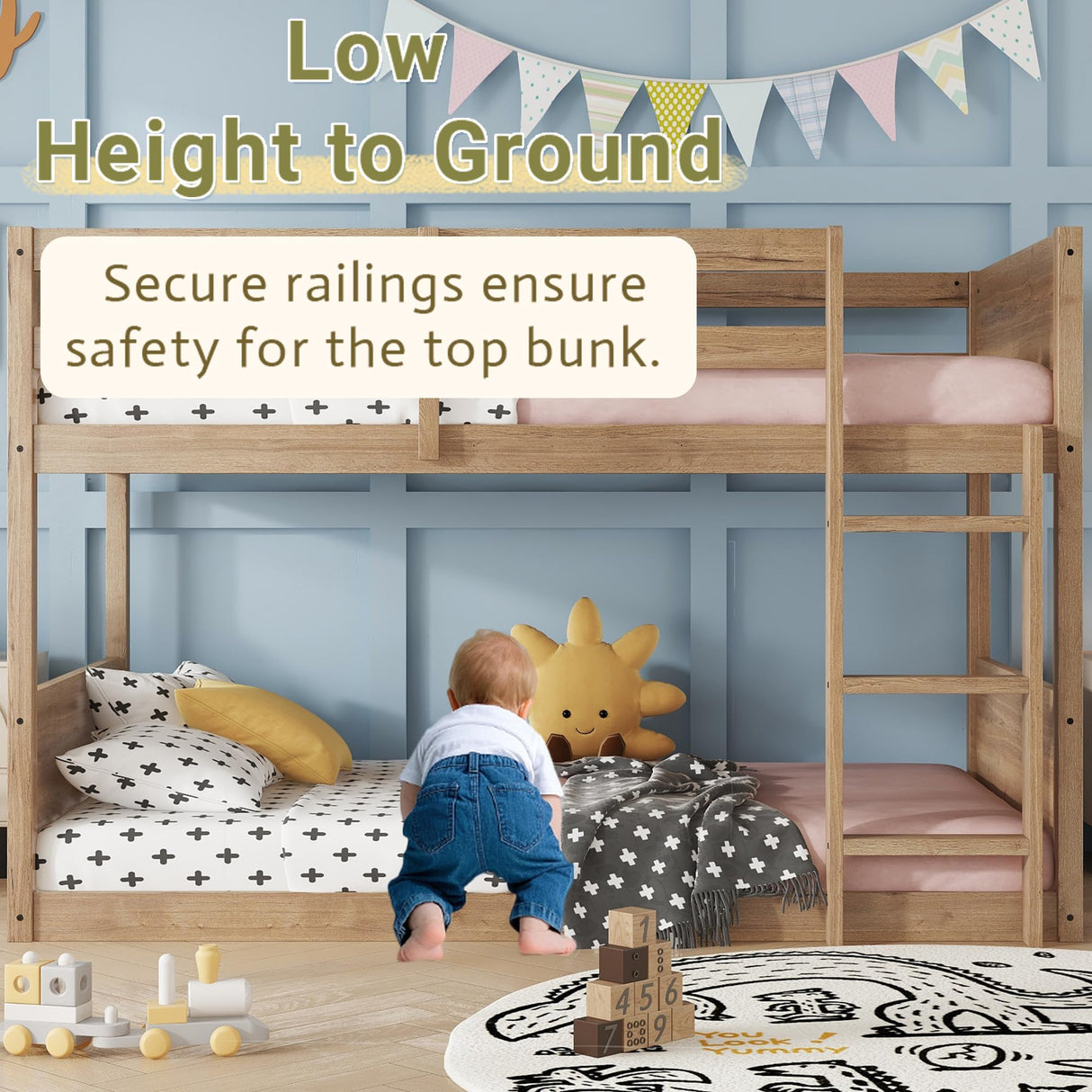 Twin Over Twin Low Bunk Beds with Rustic Headboard & Footboard – Solid Rubber Wood Floor Bunk Bed Frame, No Box Spring Needed, Perfect Small Bunked Frames for Kids, Teens, Boys Girls, Antique Oak Mirightone