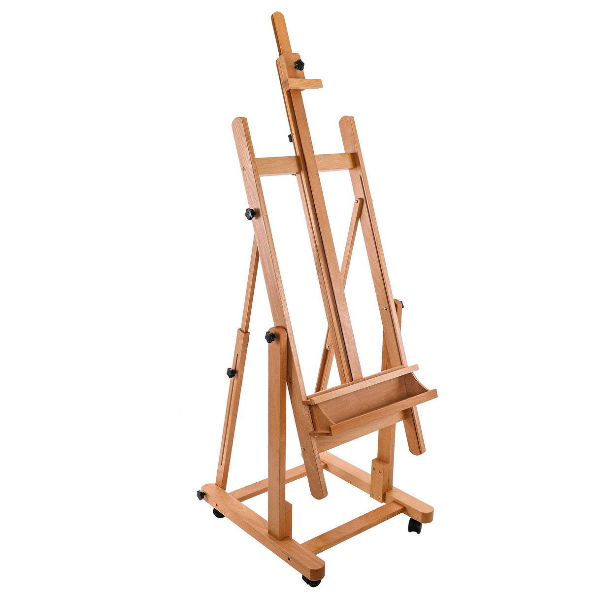 U.S. Art Supply Malibu Heavy Duty Extra Large Adjustable H-Frame Studio Easel with Artist Storage Tray - Tilts Flat, Sturdy Wooden Beech Wood Painting Canvas Holder Stand - Locking Caster Wheels U.S. Art Supply