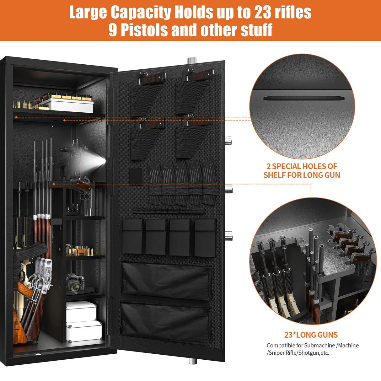 Large Rifle Safe, 20-27 Gun Safe for Rifle and Shotgun/Rifle Pistol Rack/Storage Pocket/Removable Shelf/Silent Mode/External Battery/LED/Key,180° Open Door Panel Organizer Gun Cabinet Safe Unassembled TTSITG