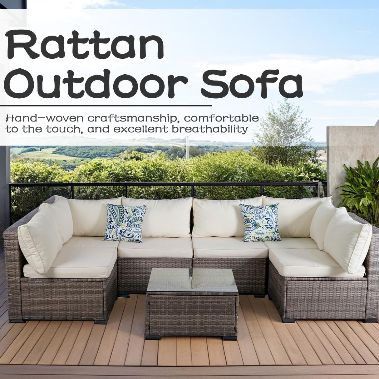 7 Pieces Outdoor Wicker Rattan Patio Furniture Sectional Set, Outdoor Furniture Sectional Sofa with Soft Cushion and Tempered Glass Table for Garden, Backyard, Balcony, Poolside, Grey and Beige BRRYIN