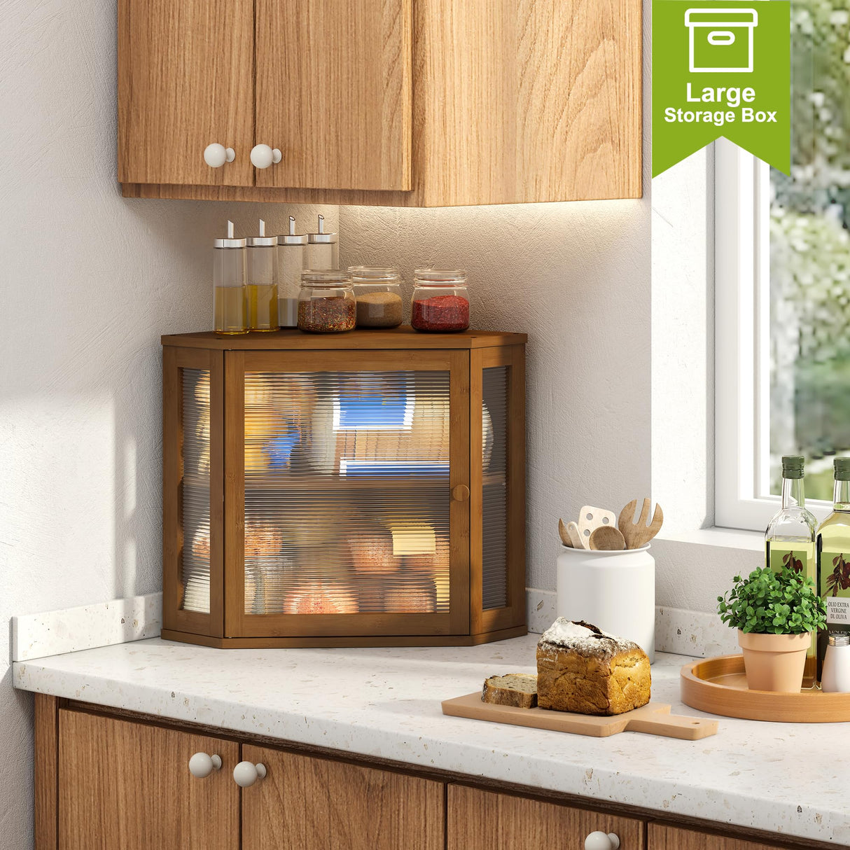 BMOSU Corner Bread Box for Kitchen Countertop Double Layer Bamboo Wooden Bread box Large Capacity Bread Storage Bin(Brown, Medium) BMOSU