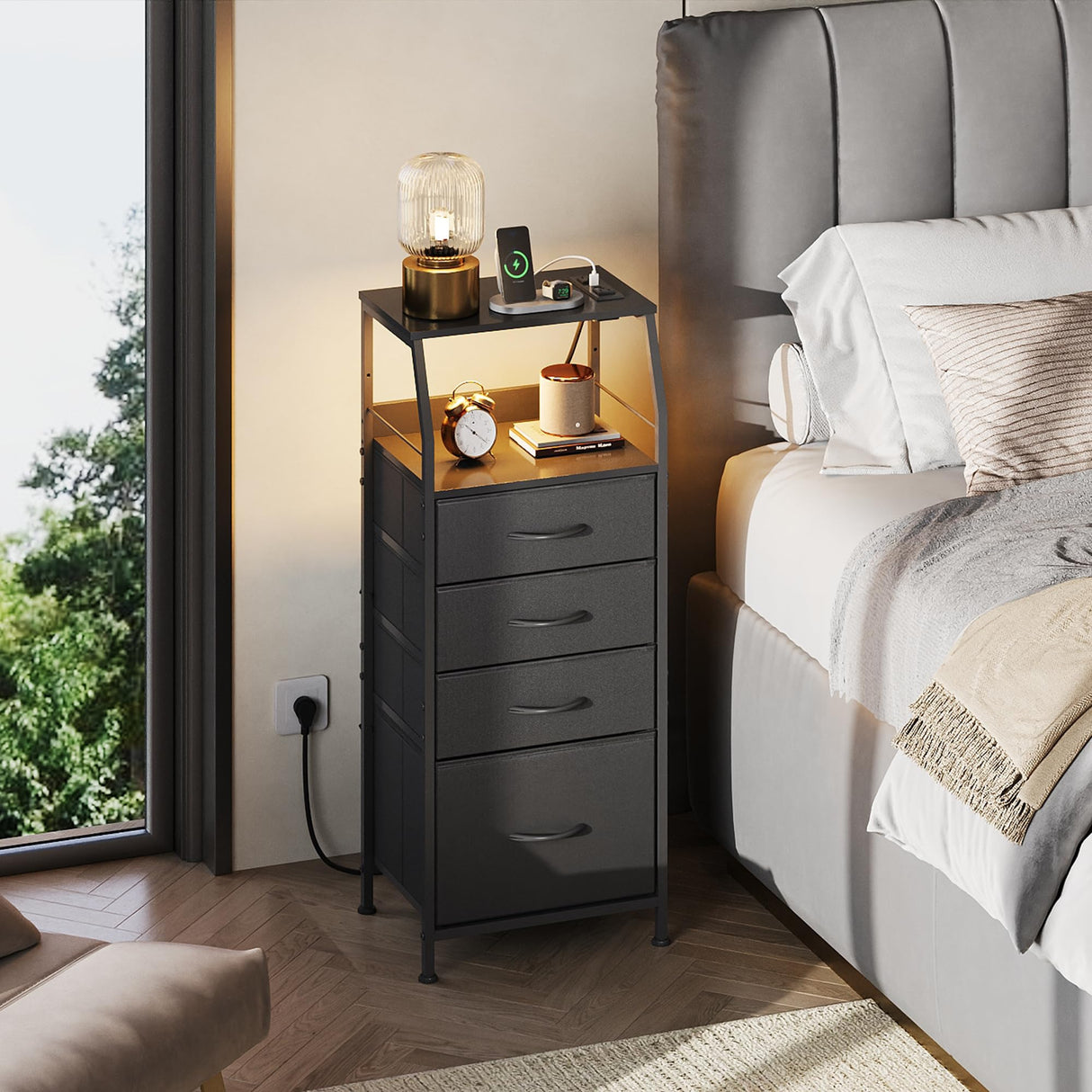 WLIVE Night Stand Set of 2 with Charger Station, Nightstand Sets with LED Light and 4 Storage Drawers, Tall Dressers for Bedroom, Bedside Tables with Fabric Bins, Wood Shelf, Metal Frame, Black WLIVE